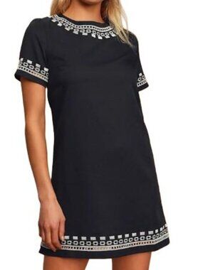 Lulu's Black Shift Dress with White Embroidered Trim Short Sleeve Lined S NWT